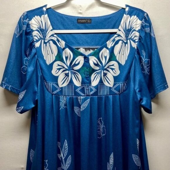 Housecoat Nightgown Women's Large Blue White Floral Short Sleeve Moo Moo Dress - Picture 2 of 11